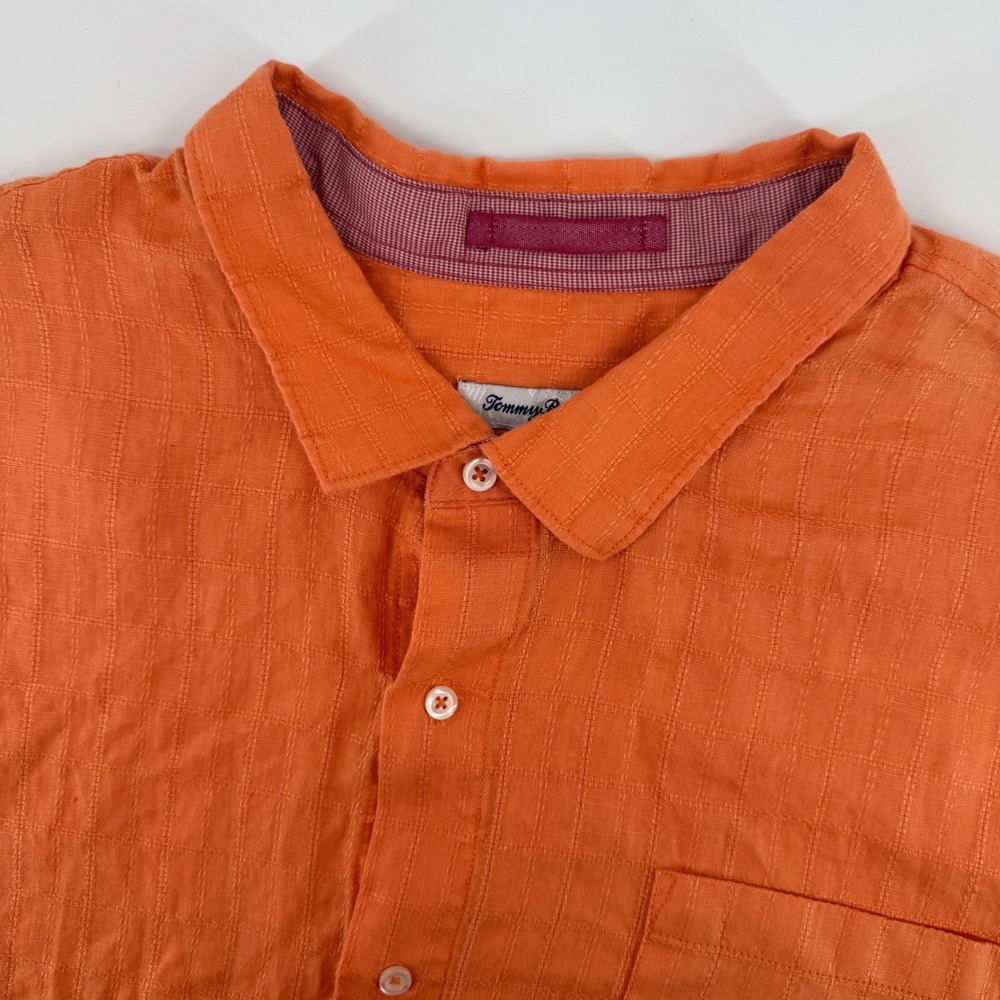Tommy Bahama Button Down Shirt Mens 3XL Orange 100% Linen Textured Short Sleeve